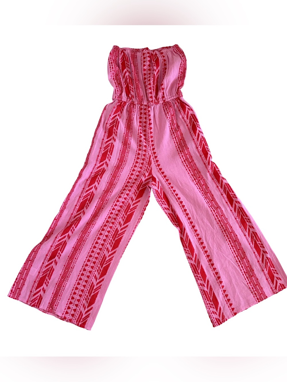 Elan Manu Strapless Pink and Red Geometric Print Swim Cover-Up Jumpsuit